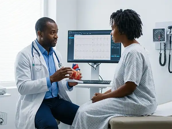 A photorealistic 4K image of a cardiology consultation at Capital Care Medical Group. A professional Black male doctor in a white lab coat and blue shirt is using a detailed anatomical heart model to explain a condition to a Black female patient. In the background, a modern medical monitor displays a real-time ECG heart rhythm, and the clean, sunlit clinic room is equipped with advanced diagnostic tools.