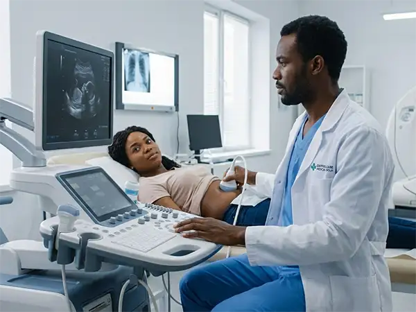 Suggested Alt Text: "A photorealistic 4K image representing advanced medical diagnostics at Capital Care Medical Group. A professional Black male doctor in a white lab coat and blue scrubs is performing an ultrasound on a Black female patient in a high-tech diagnostic suite. The room is equipped with a modern ultrasound machine displaying clear imaging, and a large CT or MRI scanner is visible in the background, all within a clean, sunlit medical environment