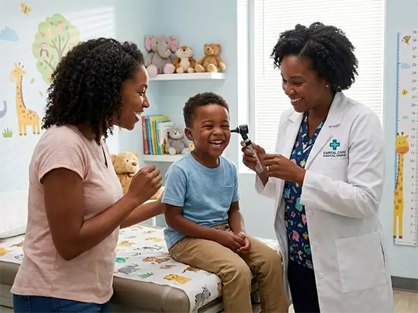 A photorealistic 4K image of a cheerful pediatric consultation at Capital Care Medical Group. A smiling Black female doctor in a white lab coat uses an otoscope to examine a laughing young Black boy sitting on a kid-friendly examination table. The boy's mother, a Black woman, looks on happily. The modern clinic room is brightly lit and decorated with colorful animal murals, a growth chart, and stuffed toys, creating a warm and professional atmosphere.